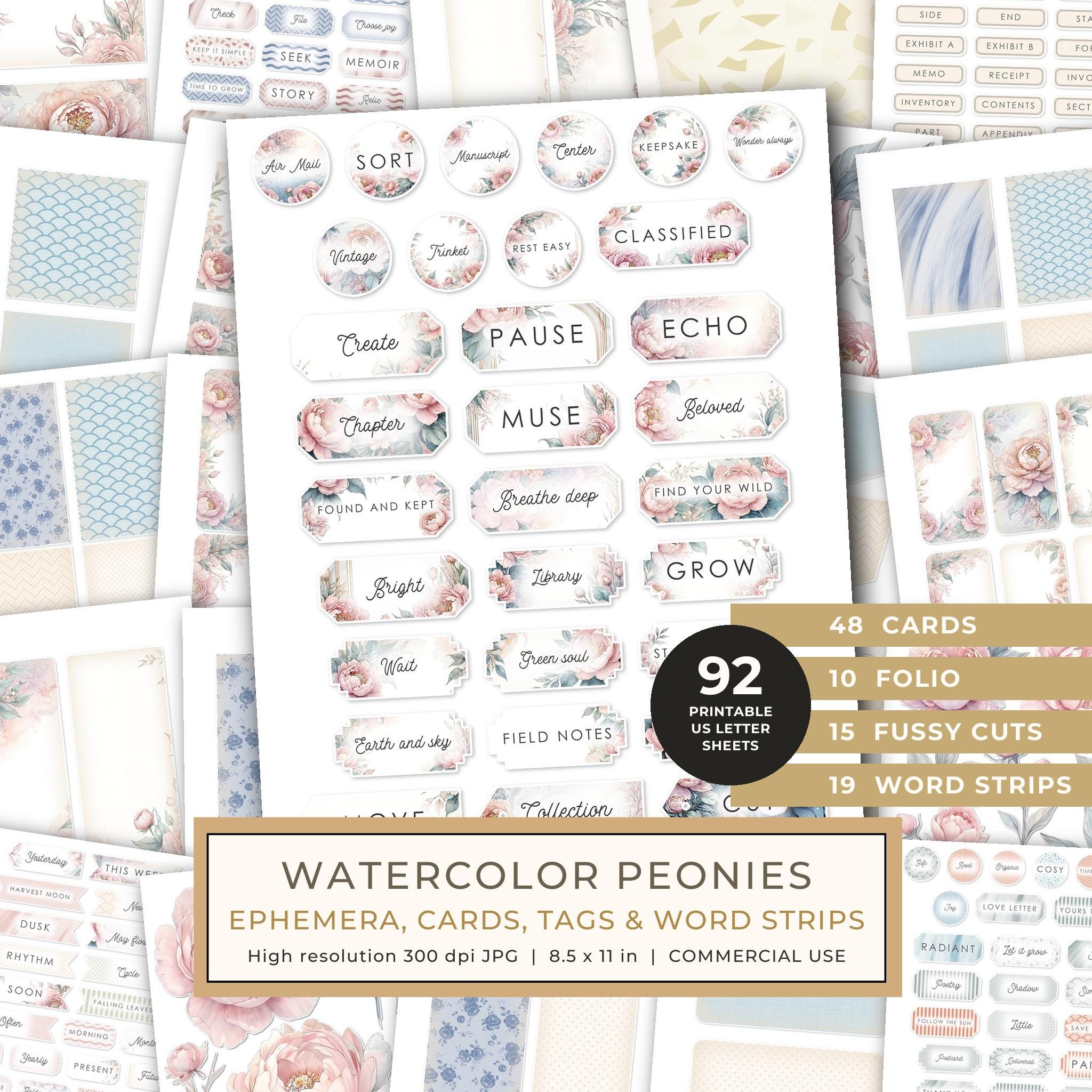 Ephemera Kit: 92 Printable Cards, Tags and Word Strips - Watercolor Peonies - Commercial Use