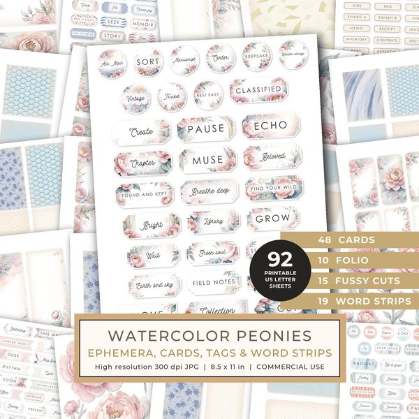 Ephemera Kit: 92 Printable Cards, Tags and Word Strips - Watercolor Peonies - Commercial Use