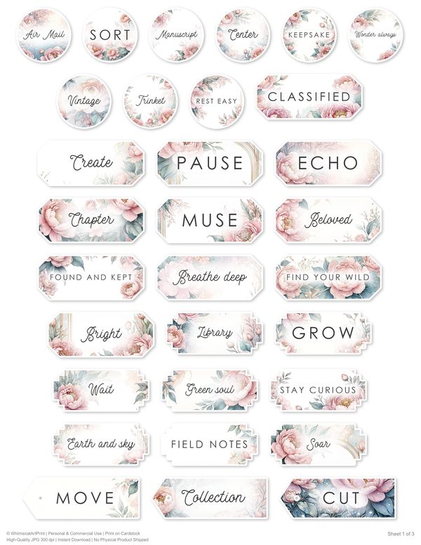 Ephemera Kit: 92 Printable Cards, Tags and Word Strips - Watercolor Peonies - Commercial Use — image 68