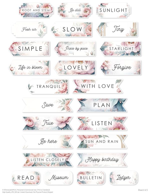 Ephemera Kit: 92 Printable Cards, Tags and Word Strips - Watercolor Peonies - Commercial Use — image 69