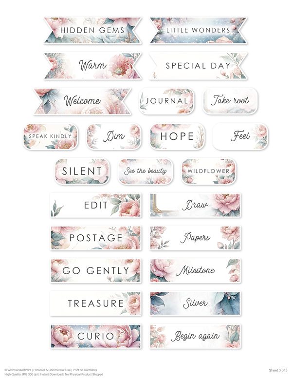 Ephemera Kit: 92 Printable Cards, Tags and Word Strips - Watercolor Peonies - Commercial Use — image 70