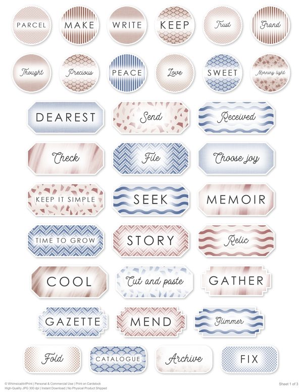 Ephemera Kit: 92 Printable Cards, Tags and Word Strips - Watercolor Peonies - Commercial Use — image 71