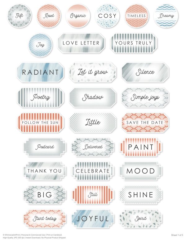 Ephemera Kit: 92 Printable Cards, Tags and Word Strips - Watercolor Peonies - Commercial Use — image 74