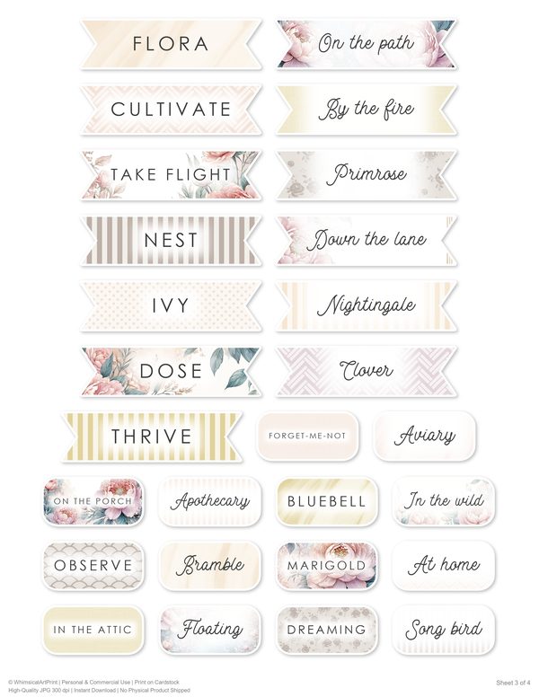 Ephemera Kit: 92 Printable Cards, Tags and Word Strips - Watercolor Peonies - Commercial Use — image 79