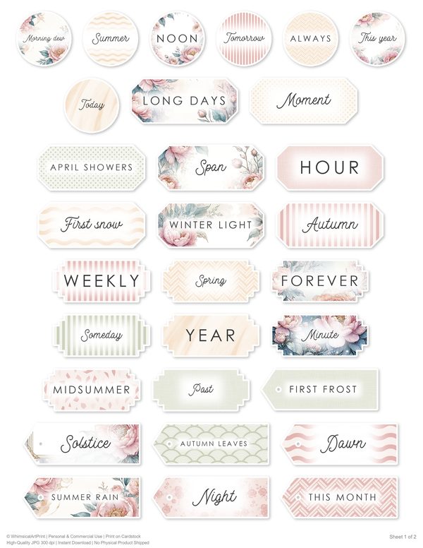 Ephemera Kit: 92 Printable Cards, Tags and Word Strips - Watercolor Peonies - Commercial Use — image 81