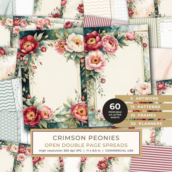Journal Spreads: 60 Open Book Planner Pages - Crimson Peonies - Commercial Use