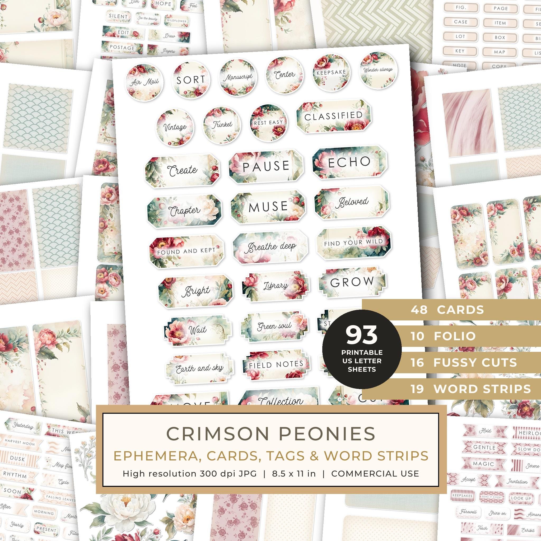 Ephemera Kit: 93 Printable Cards, Tags and Word Strips - Crimson Peonies - Commercial Use