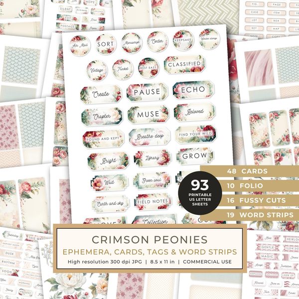Ephemera Kit: 93 Printable Cards, Tags and Word Strips - Crimson Peonies - Commercial Use