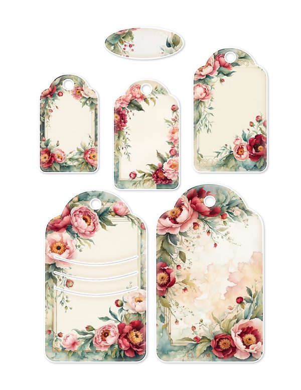 Ephemera Kit: 93 Printable Cards, Tags and Word Strips - Crimson Peonies - Commercial Use — image 24