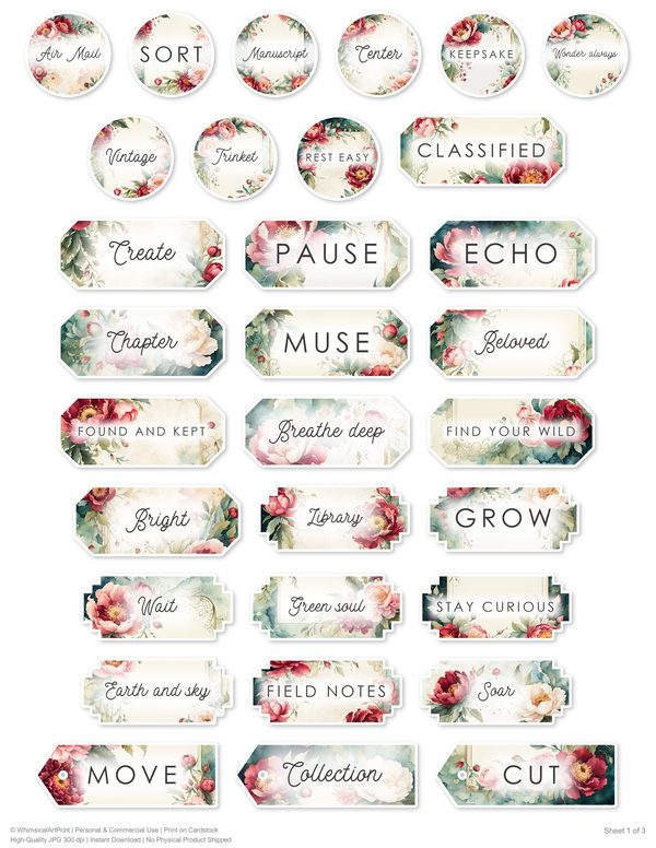 Ephemera Kit: 93 Printable Cards, Tags and Word Strips - Crimson Peonies - Commercial Use — image 69