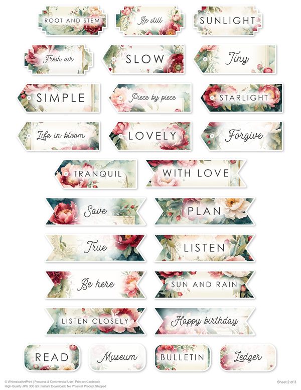 Ephemera Kit: 93 Printable Cards, Tags and Word Strips - Crimson Peonies - Commercial Use — image 70