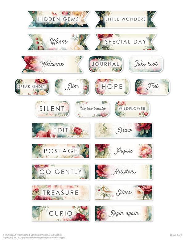 Ephemera Kit: 93 Printable Cards, Tags and Word Strips - Crimson Peonies - Commercial Use — image 71