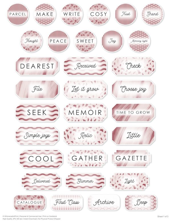 Ephemera Kit: 93 Printable Cards, Tags and Word Strips - Crimson Peonies - Commercial Use — image 72