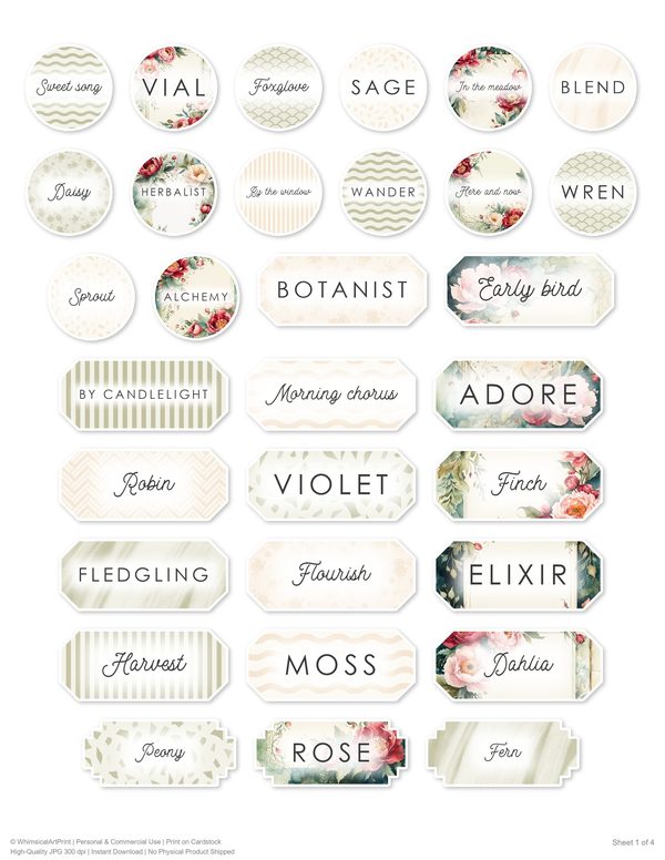 Ephemera Kit: 93 Printable Cards, Tags and Word Strips - Crimson Peonies - Commercial Use — image 78