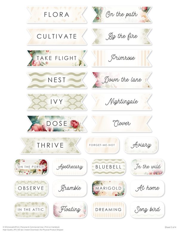 Ephemera Kit: 93 Printable Cards, Tags and Word Strips - Crimson Peonies - Commercial Use — image 80