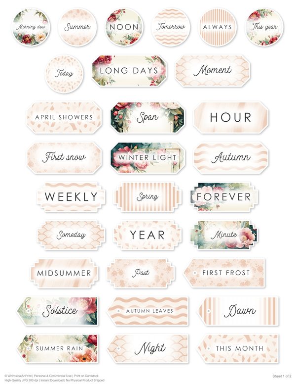 Ephemera Kit: 93 Printable Cards, Tags and Word Strips - Crimson Peonies - Commercial Use — image 82