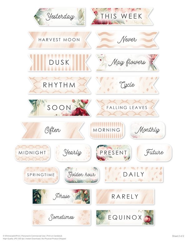 Ephemera Kit: 93 Printable Cards, Tags and Word Strips - Crimson Peonies - Commercial Use — image 83