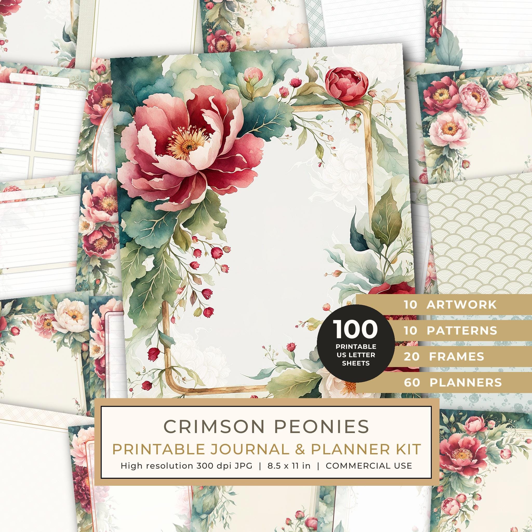 Art Journal and Planner Kit: 101 Printable Pages - Crimson Peonies - Commercial Use