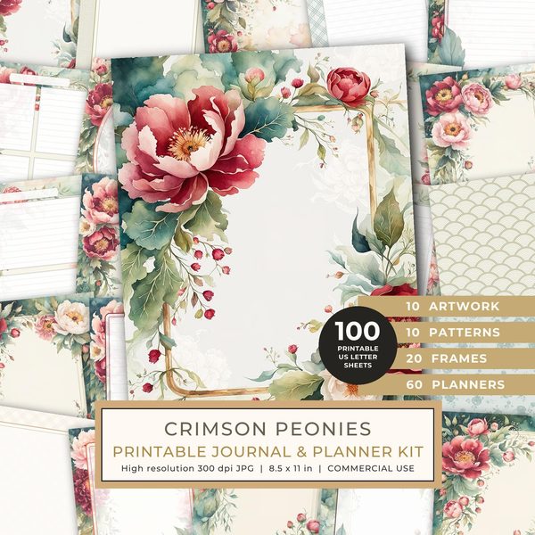 Art Journal and Planner Kit: 101 Printable Pages - Crimson Peonies - Commercial Use