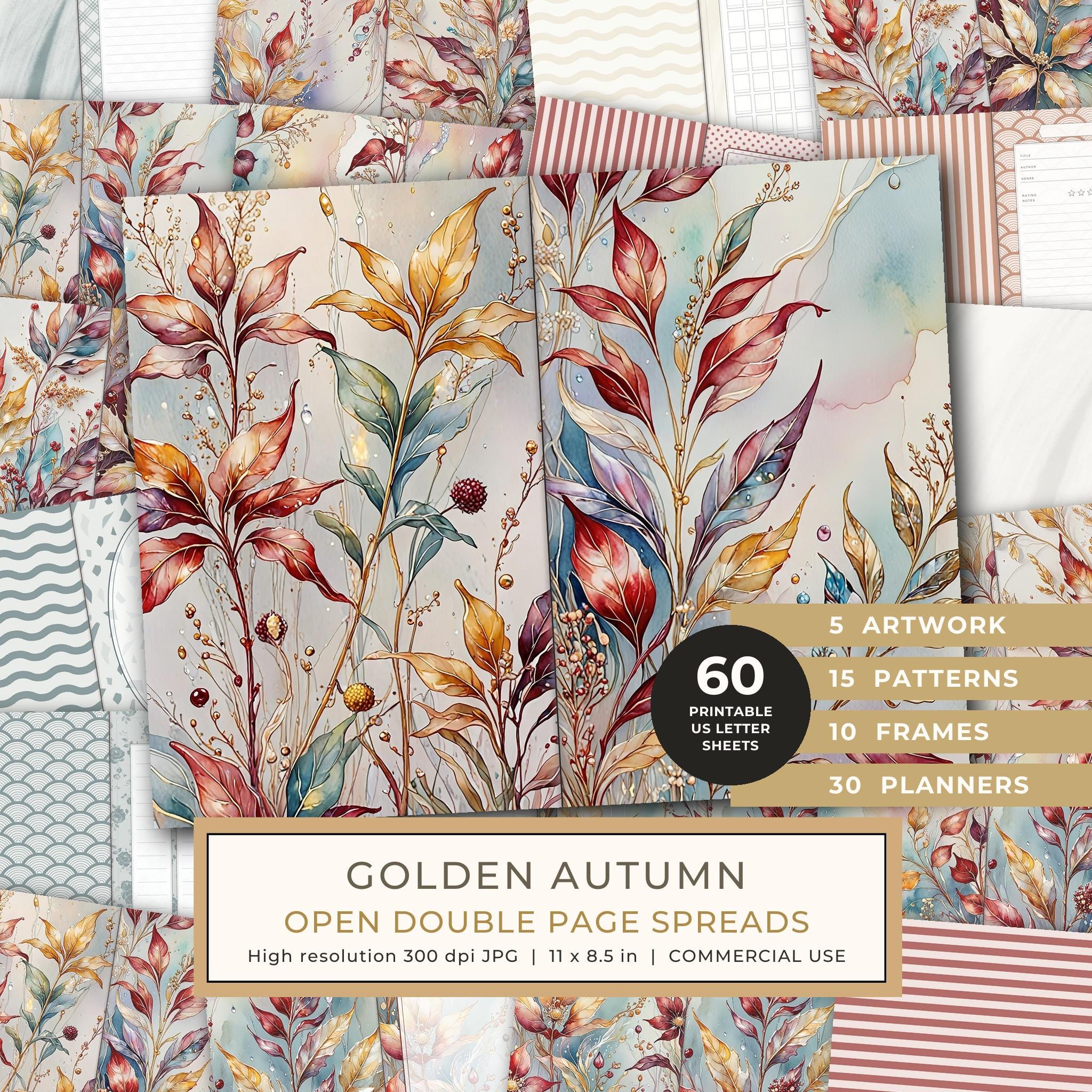 Journal Spreads: 60 Open Book Planner Pages - Golden Autumn - Commercial Use