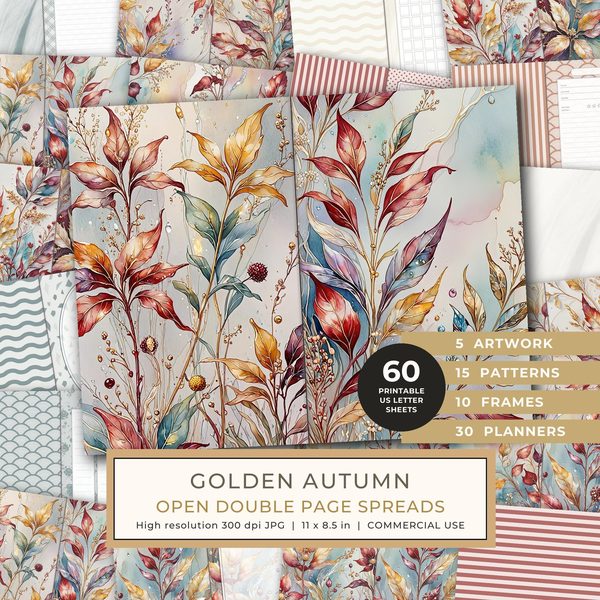 Journal Spreads: 60 Open Book Planner Pages - Golden Autumn - Commercial Use