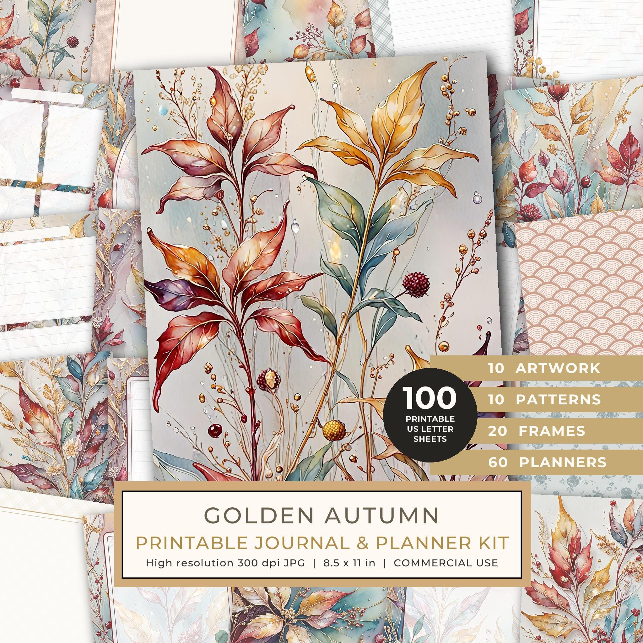 Art Journal and Planner Kit: 102 Printable Pages - Golden Autumn - Commercial Use