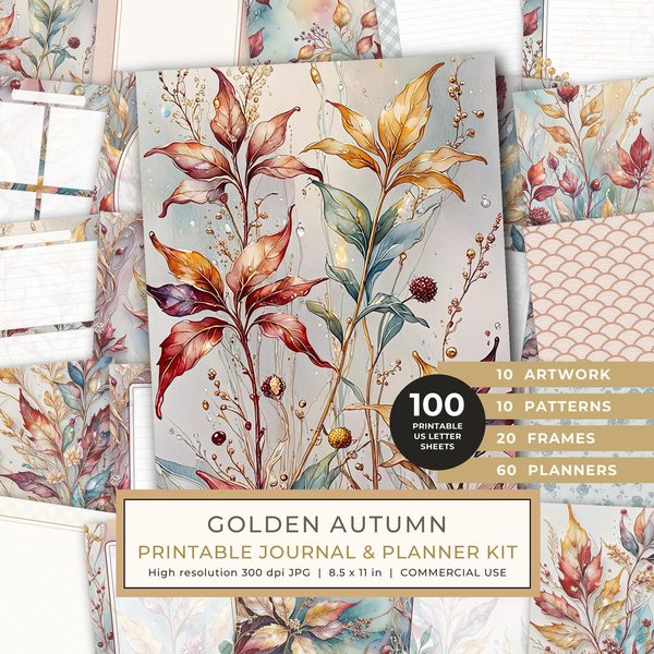 Art Journal and Planner Kit: 102 Printable Pages - Golden Autumn - Commercial Use