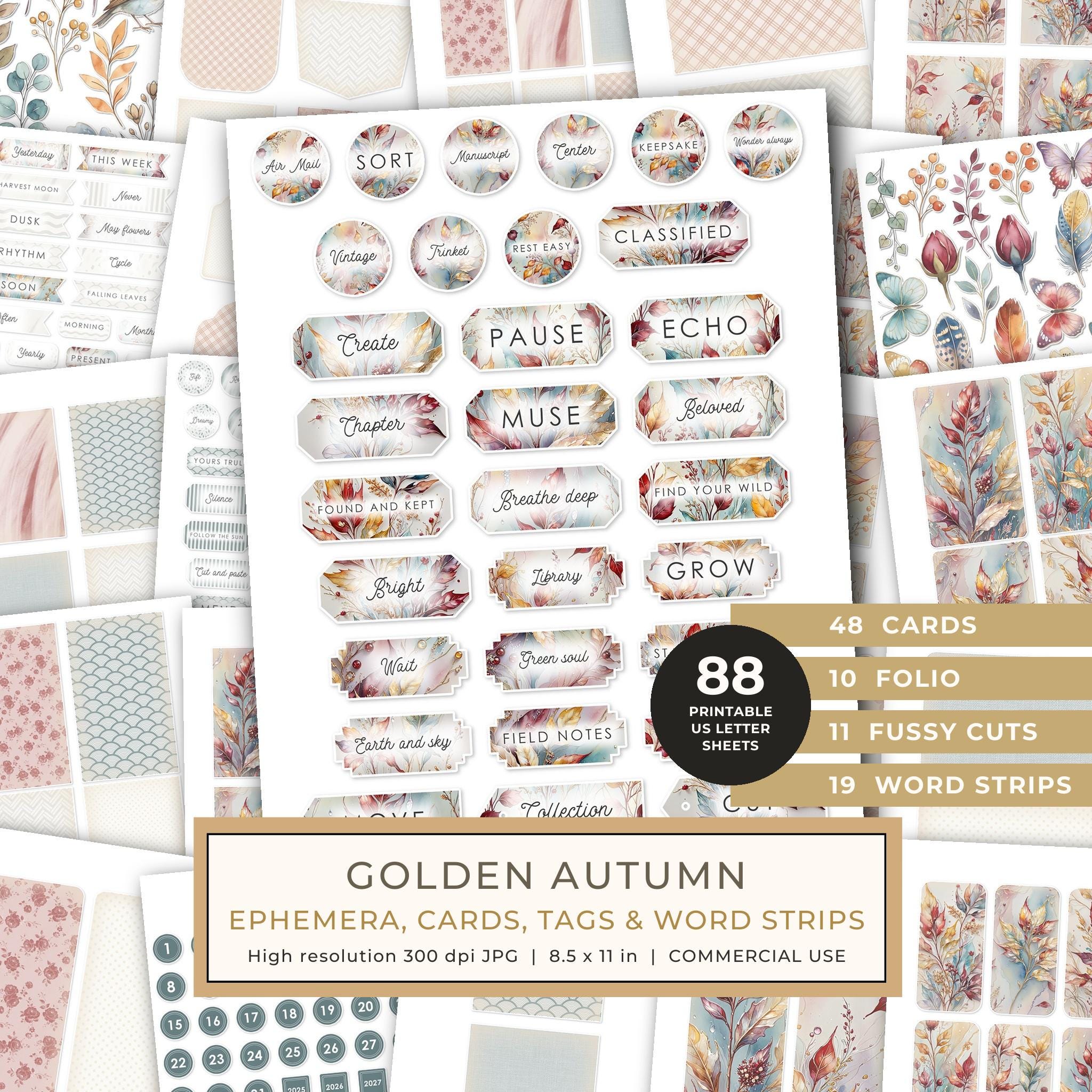 Ephemera Kit: 88 Printable Cards, Tags and Word Strips - Golden Autumn - Commercial Use