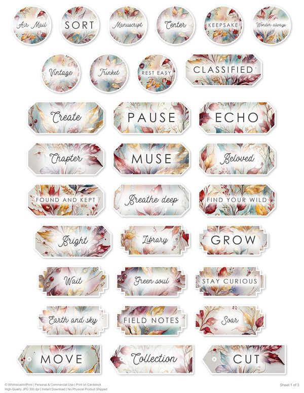 Ephemera Kit: 88 Printable Cards, Tags and Word Strips - Golden Autumn - Commercial Use — image 64