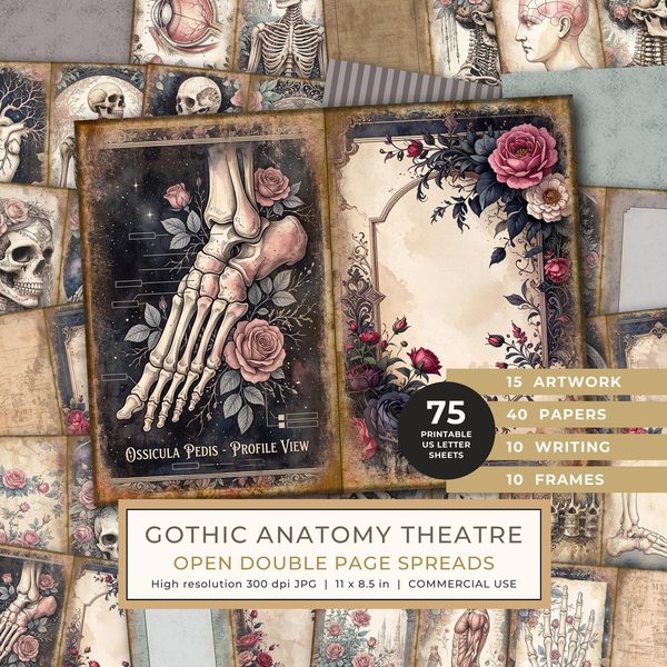 Journal Spreads: 75 Open Book Planner Pages - GOTHIC ANATOMY THEATRE - Commercial Use