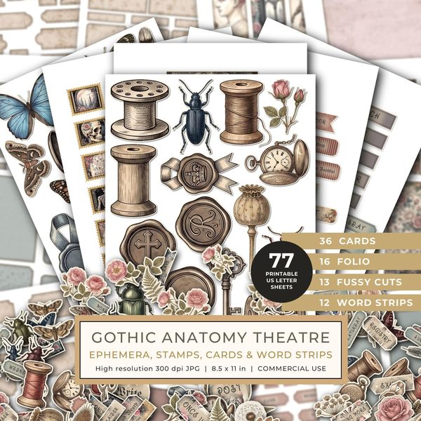 Ephemera Kit: 77 Printable Cards, Tags and Word Strips - GOTHIC ANATOMY THEATRE - Commercial Use