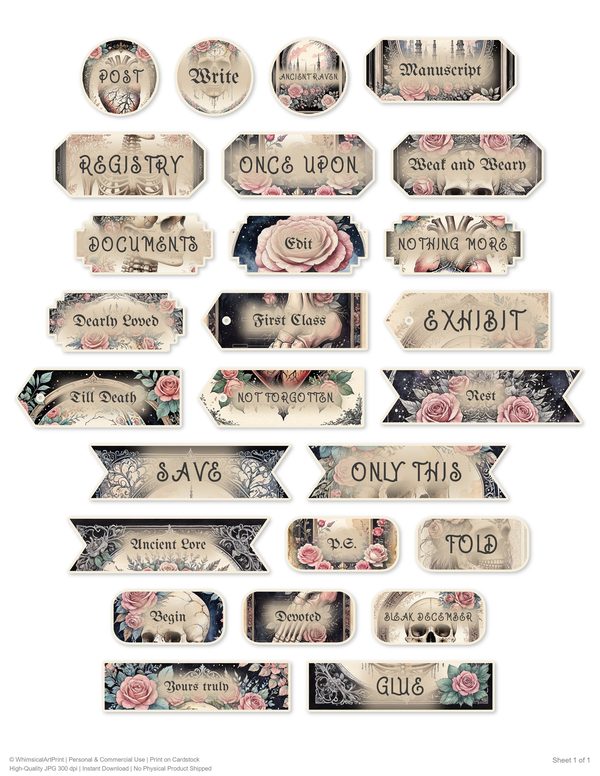 Ephemera Kit: 77 Printable Cards, Tags and Word Strips - GOTHIC ANATOMY THEATRE - Commercial Use — image 55
