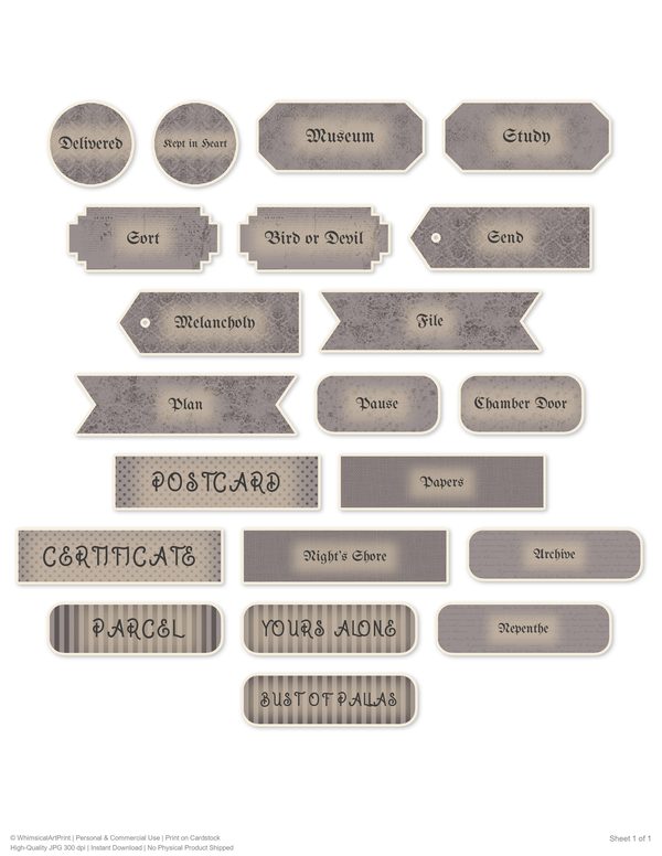 Ephemera Kit: 77 Printable Cards, Tags and Word Strips - GOTHIC ANATOMY THEATRE - Commercial Use — image 56