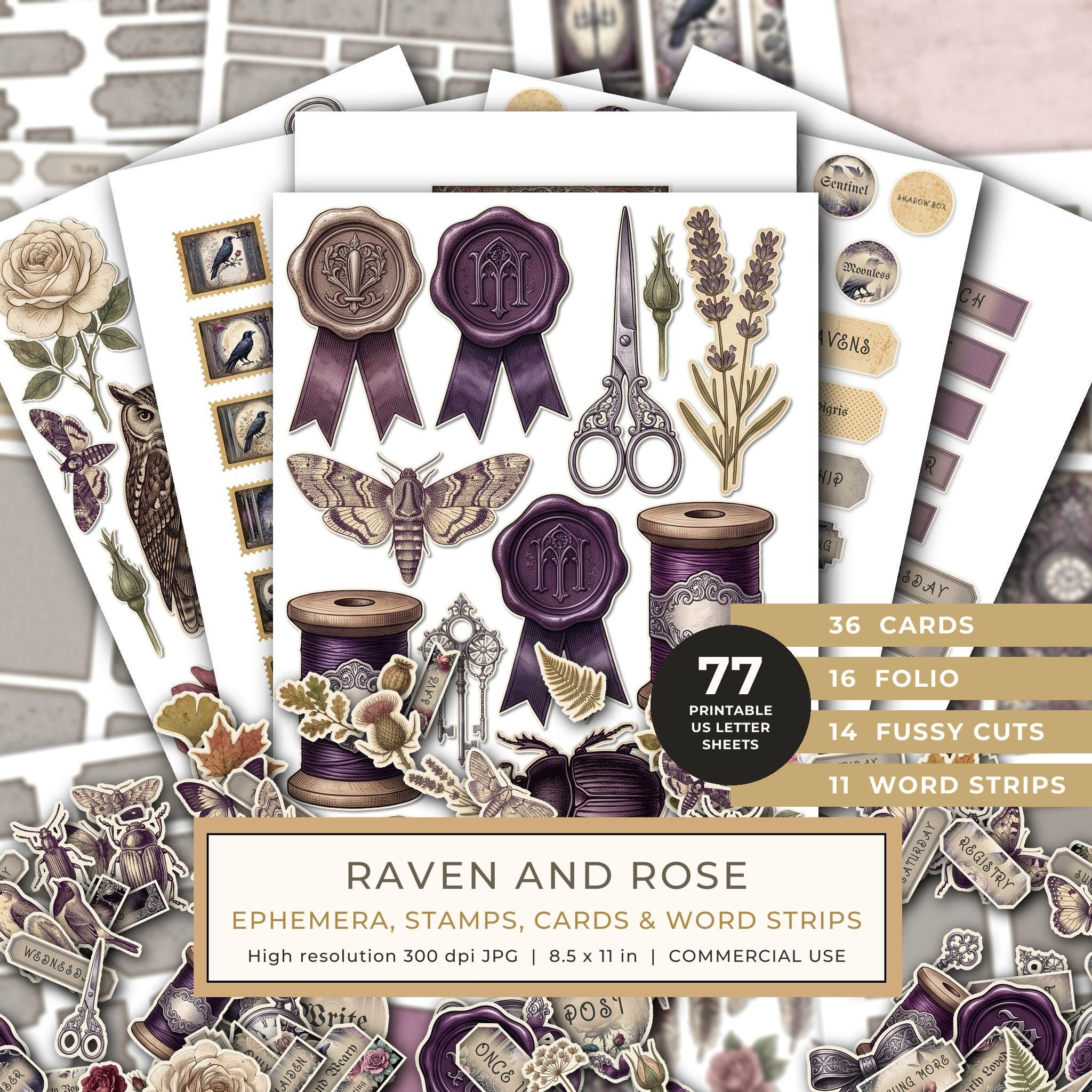 Ephemera Kit: 77 Printable Cards, Tags and Word Strips - RAVEN AND ROSE - Commercial Use