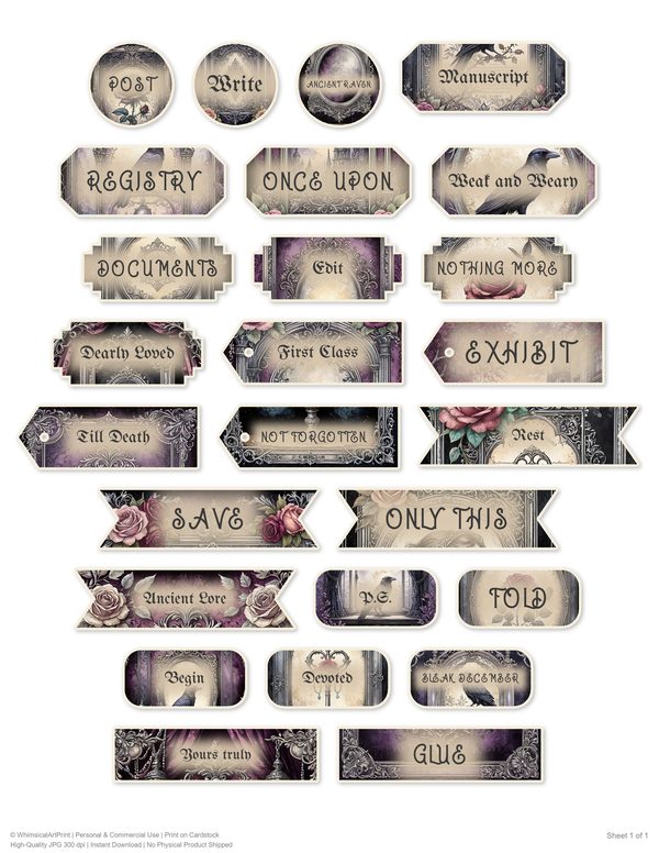 Ephemera Kit: 77 Printable Cards, Tags and Word Strips - RAVEN AND ROSE - Commercial Use — image 56