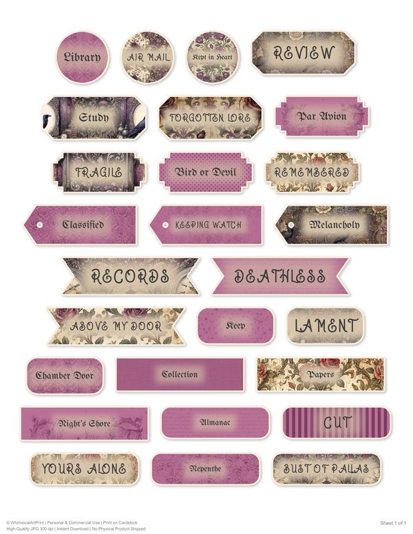 Ephemera Kit: 77 Printable Cards, Tags and Word Strips - RAVEN AND ROSE - Commercial Use — image 58