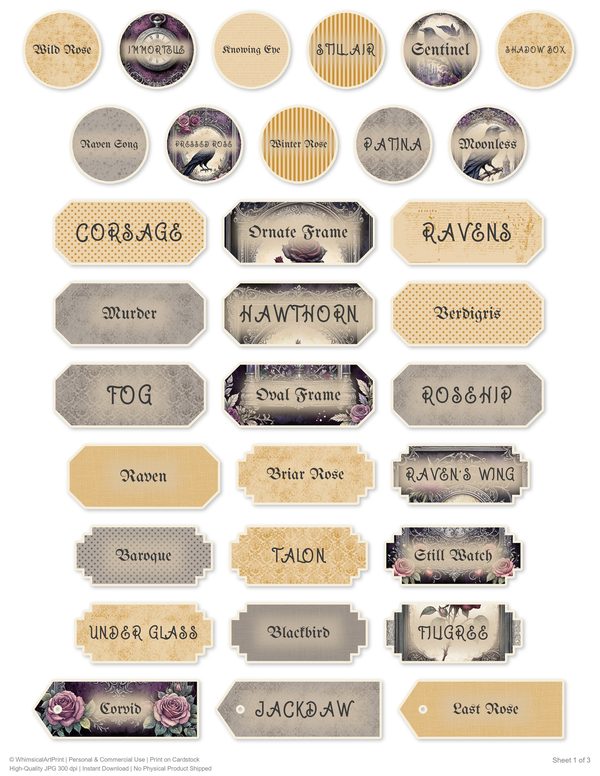 Ephemera Kit: 77 Printable Cards, Tags and Word Strips - RAVEN AND ROSE - Commercial Use — image 59