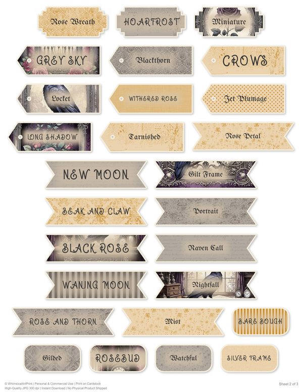 Ephemera Kit: 77 Printable Cards, Tags and Word Strips - RAVEN AND ROSE - Commercial Use — image 60