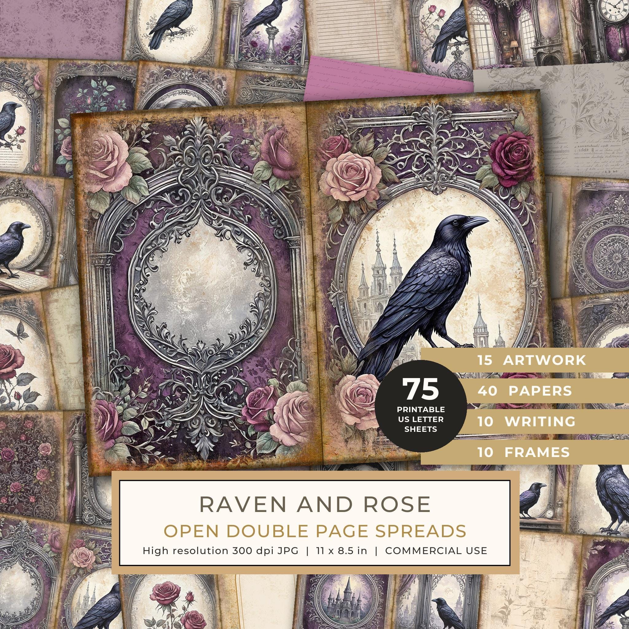 Journal Spreads: 75 Open Book Planner Pages - RAVEN AND ROSE - Commercial Use