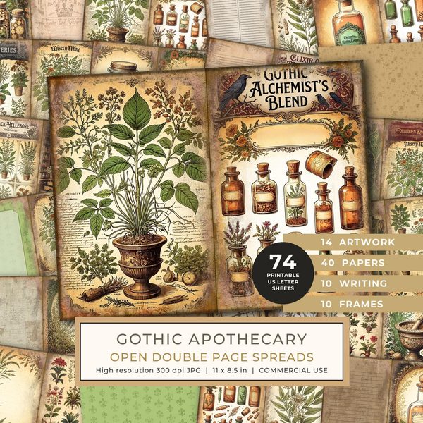 Junk Journal Spreads: 74 Open Book Planner Pages - Gothic Apothecary - Commercial Use