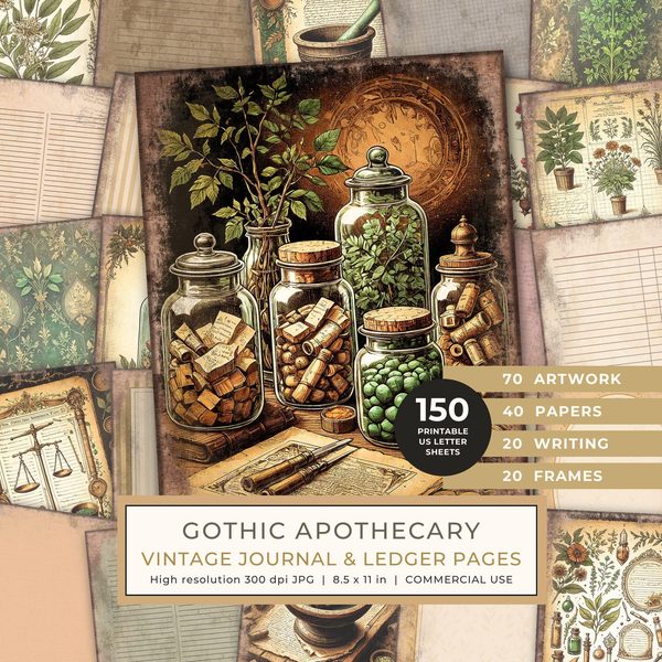 Junk Journal Pages: 150 Printable Sheets - Gothic Apothecary - Commercial Use