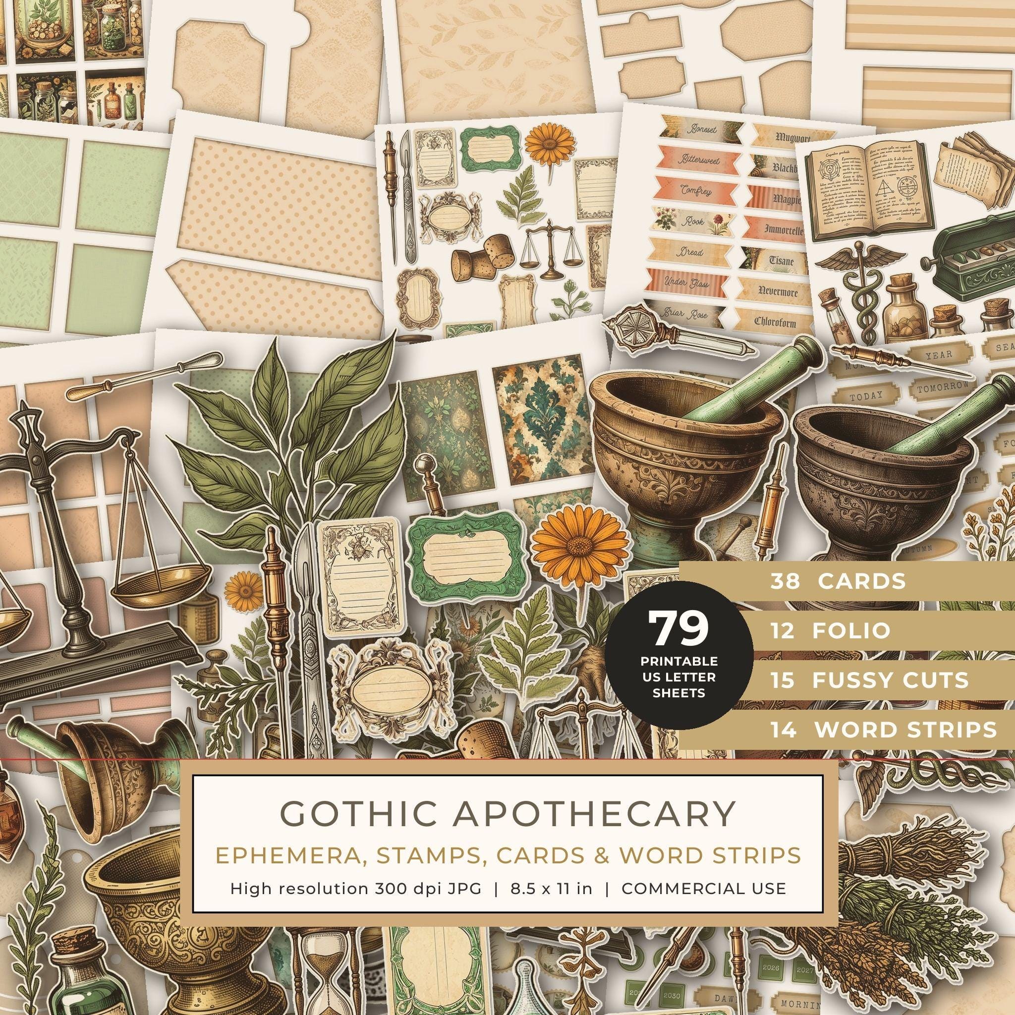 Ephemera Kit: 79 Printable Cards, Tags and Word Strips - Gothic Apothecary - Commercial Use