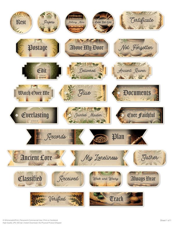 Ephemera Kit: 79 Printable Cards, Tags and Word Strips - Gothic Apothecary - Commercial Use — image 54