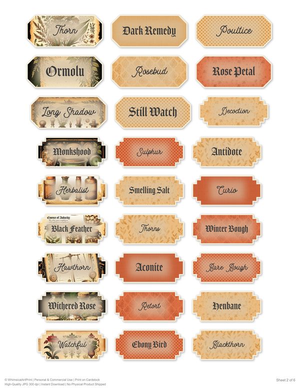 Ephemera Kit: 79 Printable Cards, Tags and Word Strips - Gothic Apothecary - Commercial Use — image 58