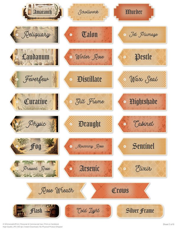 Ephemera Kit: 79 Printable Cards, Tags and Word Strips - Gothic Apothecary - Commercial Use — image 59