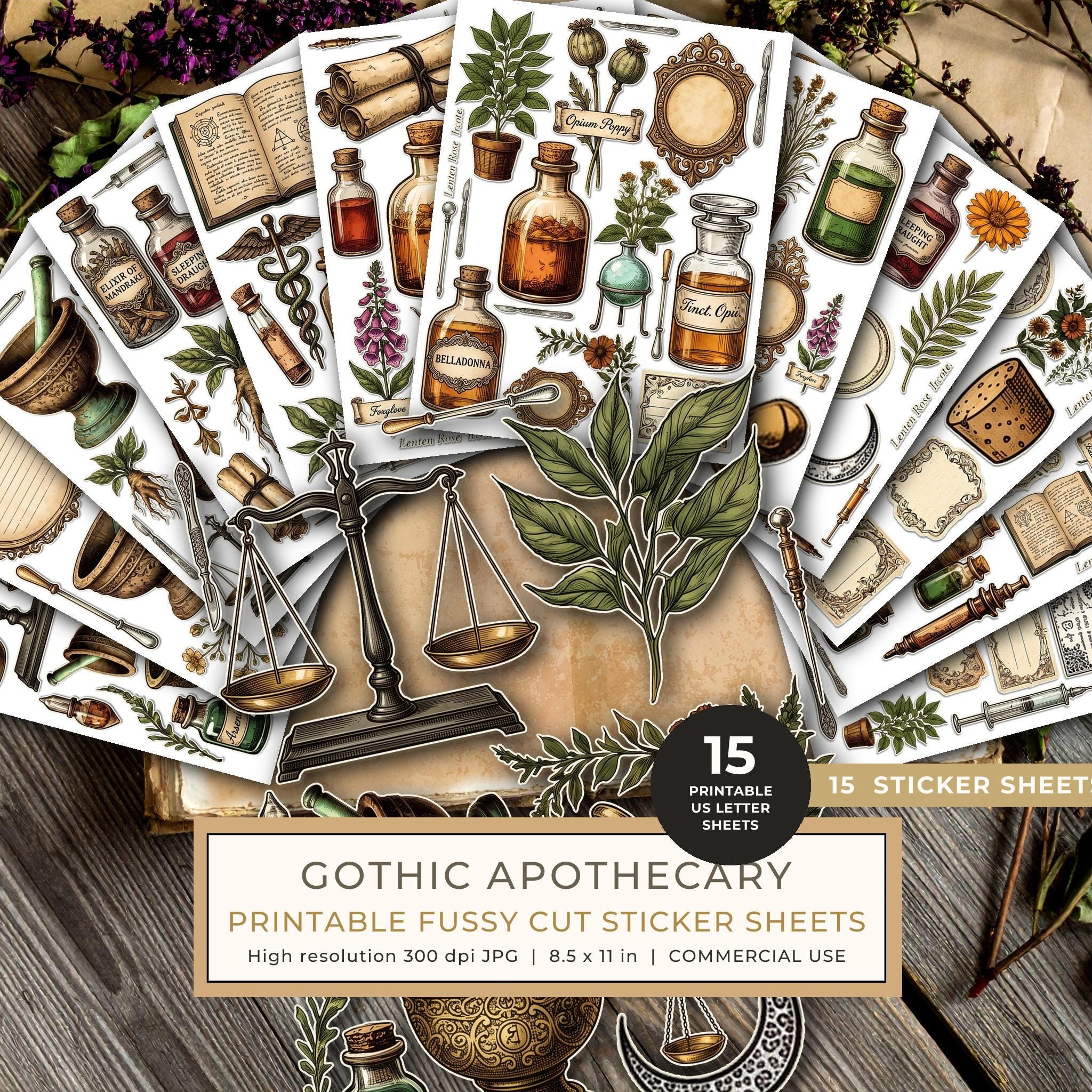 Fussy Cut Stickers: 15 Printable Ephemera Sheets - Gothic Apothecary - Commercial Use