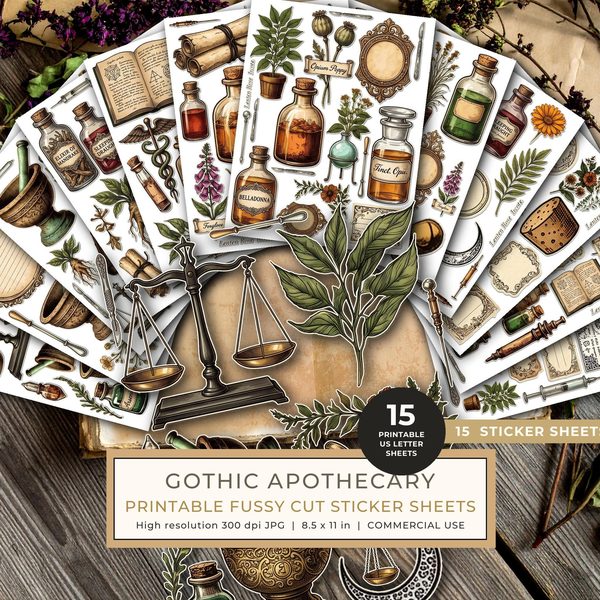 Fussy Cut Stickers: 15 Printable Ephemera Sheets - Gothic Apothecary - Commercial Use