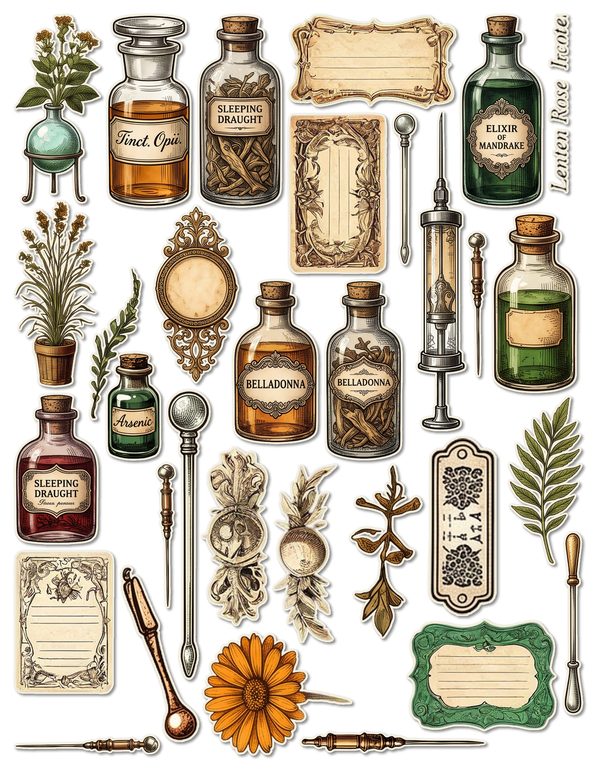 Fussy Cut Stickers: 15 Printable Ephemera Sheets - Gothic Apothecary - Commercial Use — image 14