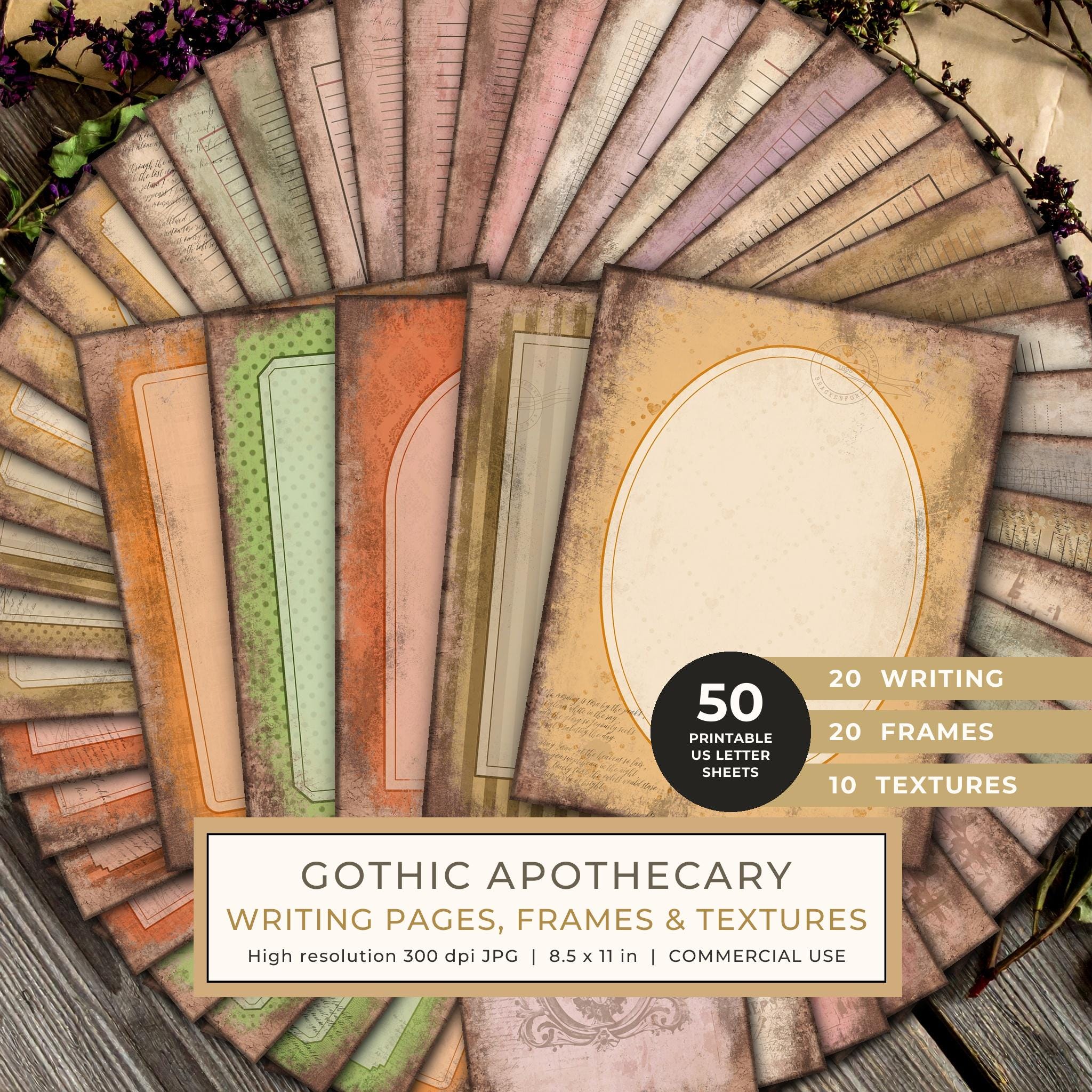 Journal Writing Pages: 50 Lined Frames and Textures - Gothic Apothecary - Commercial Use