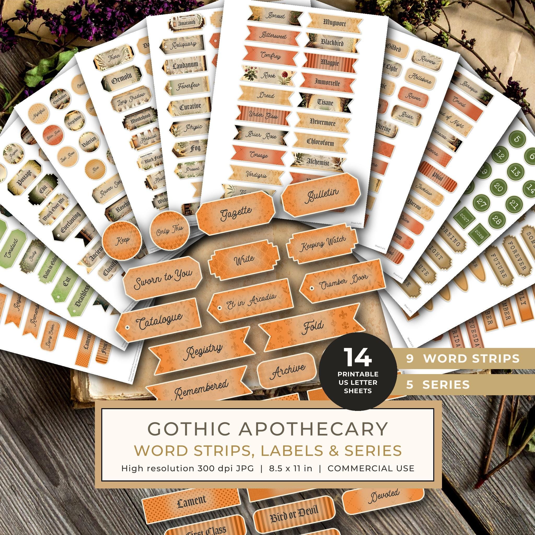 Word Strips and Labels: 14 Printable Journaling Sheets - Gothic Apothecary - Commercial Use